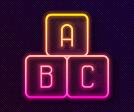 Glowing neon line ABC blocks icon isolated on black background. Alphabet cubes with letters A,B,C. Vector Illustrationのイラスト素材