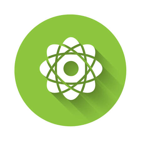 White Atom icon isolated with long shadow. Symbol of science, education, nuclear physics, scientific research. Green circle button. Vector Illustrationのイラスト素材
