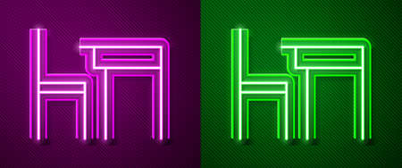 Glowing neon line School table and chair of classroom icon isolated on purple and green background. School desk. Vector Illustrationのイラスト素材