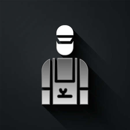 Silver Car mechanic icon isolated on black background. Car repair and service. Long shadow style. Vector Illustration.のイラスト素材