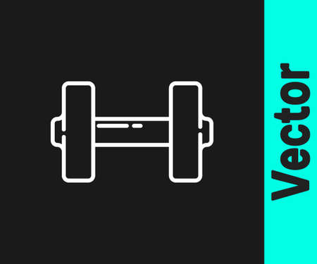 White line Dumbbell icon isolated on black background. Muscle lifting icon, fitness barbell, gym, sports equipment, exercise bumbbell. Vector Illustration.のイラスト素材