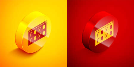 Isometric Online play video icon isolated on orange and red background. Film strip with play sign. Circle button. Vector Illustration.のイラスト素材