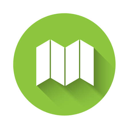 White Folded map icon isolated with long shadow. Green circle button. Vector Illustration.のイラスト素材