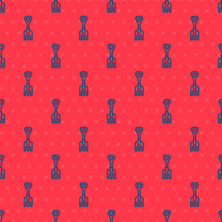 Blue line Garden rake icon isolated seamless pattern on red background. Tool for horticulture, agriculture, farming. Ground cultivator. Vector Illustrationのイラスト素材
