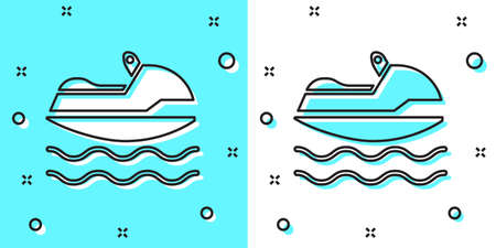Black line Jet ski icon isolated on green and white background. Water scooter. Extreme sport. Random dynamic shapes. Vector Illustrationのイラスト素材