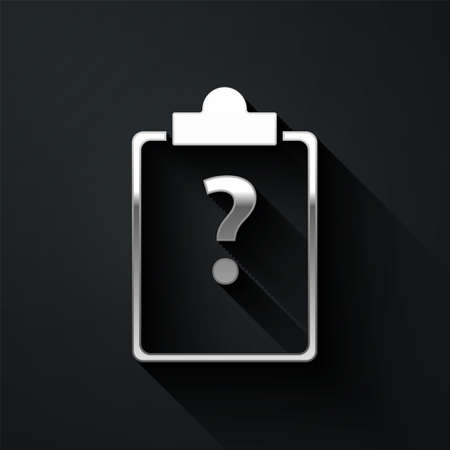Silver Clipboard with question marks icon isolated on black background. Survey, quiz, investigation, customer support questions concepts. Long shadow style. Vector Illustrationのイラスト素材