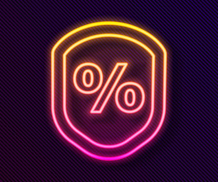 Glowing neon line Loan percent icon isolated on black background. Protection shield sign. Credit percentage symbol. Vector Illustrationのイラスト素材