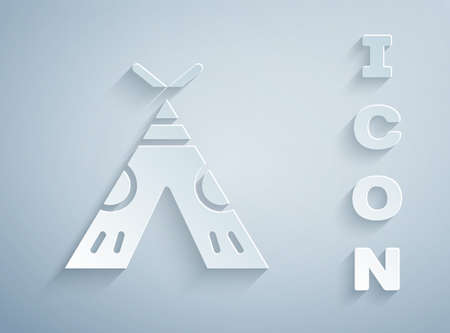 Paper cut Traditional indian teepee or wigwam icon isolated on grey background. Indian tent. Paper...