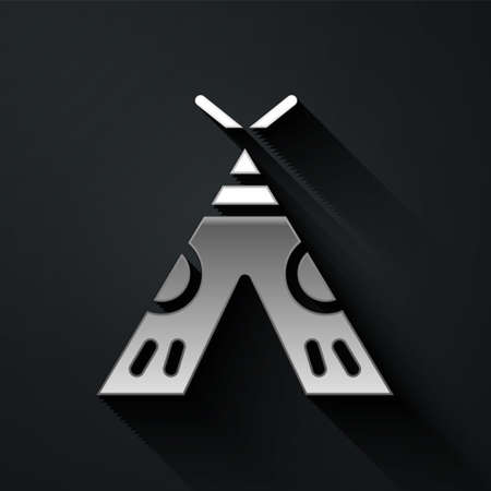 Silver Traditional indian teepee or wigwam icon isolated on black background. Indian tent. Long...