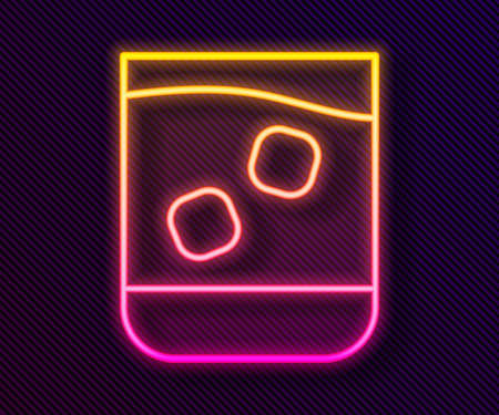 Glowing neon line Glass of whiskey and ice cubes icon isolated on black background. Vector Illustrationのイラスト素材