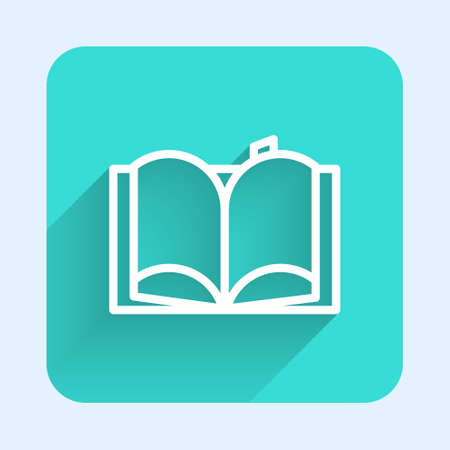 White line Open book icon isolated with long shadow. Green square button. Vector Illustration.のイラスト素材