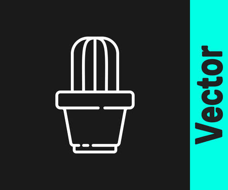 White line Cactus and succulent in pot icon isolated on black background. Plant growing in a pot. Potted plant sign. Vector Illustrationのイラスト素材
