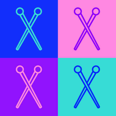 Pop art line Knitting needles icon isolated on color background. Label for hand made, knitting or tailor shop. Vector Illustrationのイラスト素材