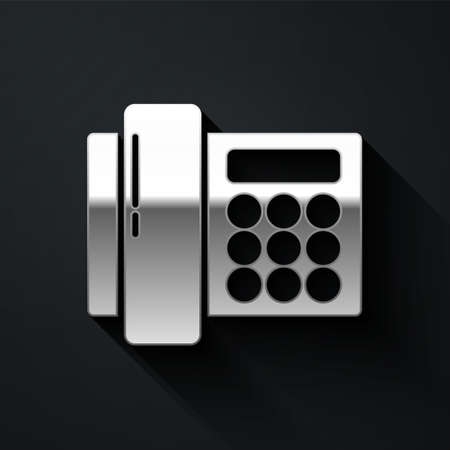 Silver Telephone icon isolated on black background. Landline phone. Long shadow style. Vector Illustration.のイラスト素材