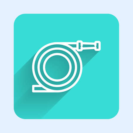 White line Garden hose or fire hose icon isolated with long shadow. Spray gun icon. Watering equipment. Green square button. Vector Illustrationのイラスト素材