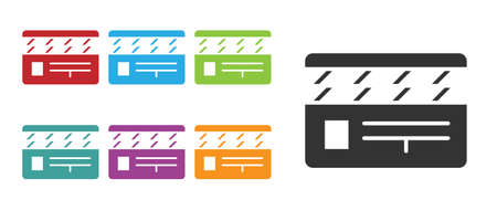 Black Movie clapper icon isolated on white background. Film clapper board. Clapperboard sign. Cinema production or media industry. Set icons colorful. Vector Illustration.のイラスト素材