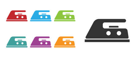 Black Electric iron icon isolated on white background. Steam iron. Set icons colorful. Vector Illustration.のイラスト素材