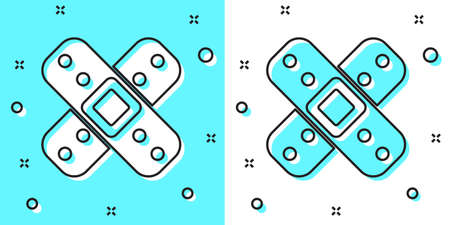 Black line Crossed bandage plaster icon isolated on green and white background. Medical plaster, adhesive bandage, flexible fabric bandage. Random dynamic shapes. Vector Illustration.のイラスト素材