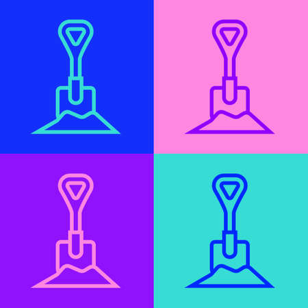 Pop art line Shovel in the ground icon isolated on color background. Gardening tool. Tool for horticulture, agriculture, farming. Vector Illustrationのイラスト素材