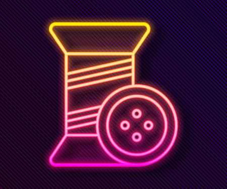 Glowing neon line Sewing thread on spool and button icon isolated on black background. Yarn spool. Thread bobbin. Vector Illustrationのイラスト素材
