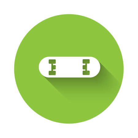 White Skateboard trick icon isolated with long shadow. Extreme sport. Sport equipment. Green circle button. Vector Illustrationのイラスト素材