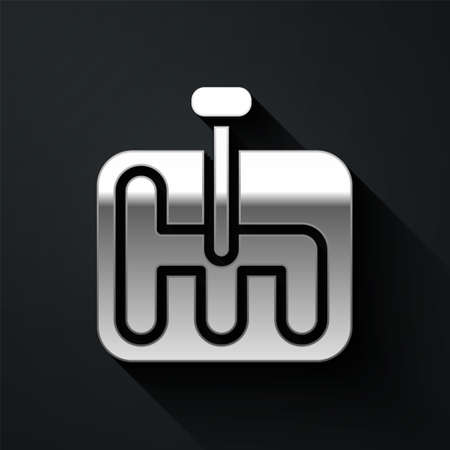 Silver Gear shifter icon isolated on black background. Transmission icon. Long shadow style. Vector Illustrationのイラスト素材