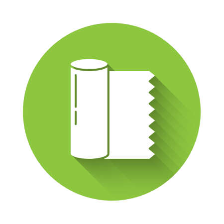 White Textile fabric roll icon isolated with long shadow. Roll, mat, rug, cloth, carpet or paper roll icon. Green circle button. Vector Illustrationのイラスト素材