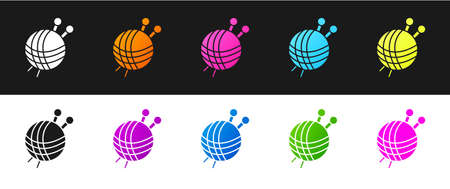 Set Yarn ball with knitting needles icon isolated on black and white background. Label for hand made, knitting or tailor shop. Vector Illustrationのイラスト素材