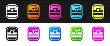 Set First aid kit icon isolated on black and white background. Medical box with cross. Medical equipment for emergency. Healthcare concept. Vector Illustrationのイラスト素材