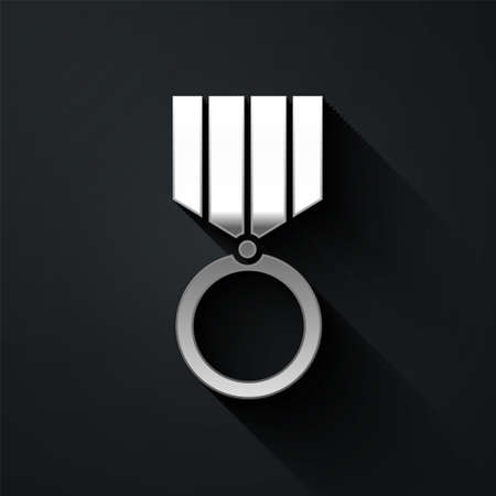 Silver Medal icon isolated on black background. Winner achievement sign. Award medal. Long shadow style. Vector Illustration.のイラスト素材