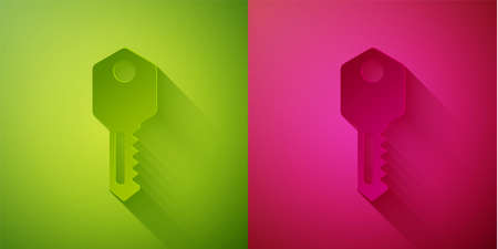 Paper cut House key icon isolated on green and pink background. Paper art style. Vector Illustrationのイラスト素材