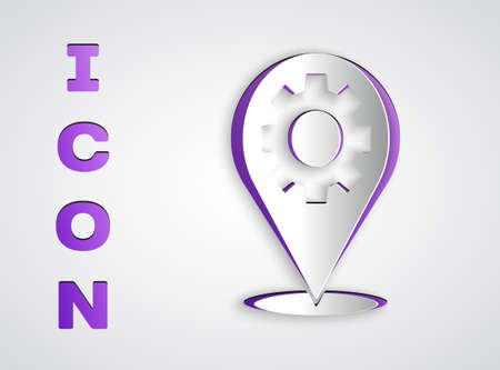 Paper cut Location with gear icon isolated on grey background. Paper art style. Vector Illustrationのイラスト素材