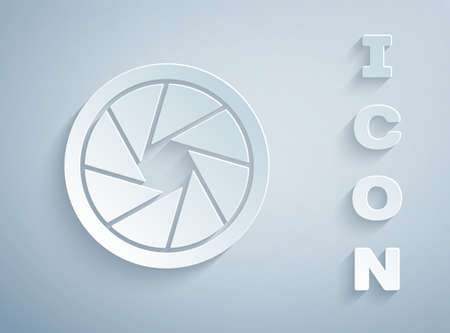 Paper cut Camera shutter icon isolated on grey background. Paper art style. Vector Illustrationのイラスト素材