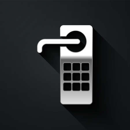 Silver Digital door lock with wireless technology for unlock icon isolated on black background. Door handle sign. Security smart home. Long shadow style. Vector Illustrationのイラスト素材