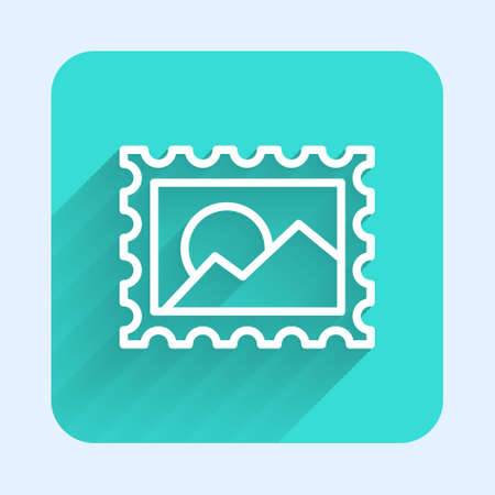White line Postal stamp icon isolated with long shadow. Green square button. Vector Illustrationのイラスト素材