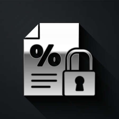 Silver Finance document and lock icon isolated on black background. Paper bank document for invoice or bill concept. Long shadow style. Vector Illustrationのイラスト素材