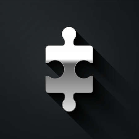 Silver Piece of puzzle icon isolated on black background. Business, marketing, finance, layout, infographics, internet concept. Long shadow style. Vector Illustration.のイラスト素材
