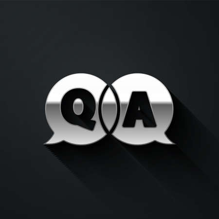 Silver Speech bubbles with Question and Answer icon isolated on black background. Q and A symbol. FAQ sign. Chat speech bubble and chart. Long shadow style. Vector Illustrationのイラスト素材