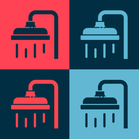 Pop art Shower head with water drops flowing icon isolated on color background. Vector Illustrationのイラスト素材