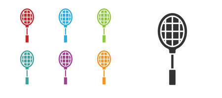 Black Tennis racket icon isolated on white background. Sport equipment. Set icons colorful. Vector Illustrationのイラスト素材