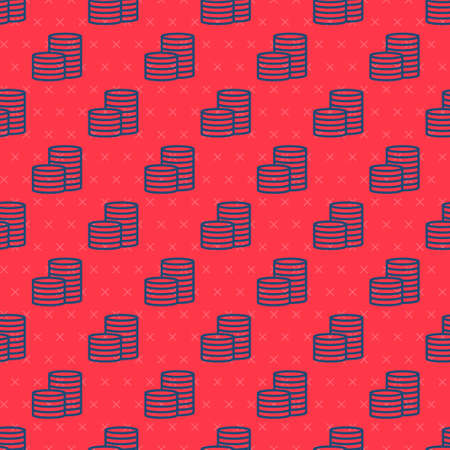Blue line Coin money icon isolated seamless pattern on red background. Banking currency sign. Cash symbol. Vector Illustrationのイラスト素材
