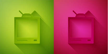 Paper cut Retro tv icon isolated on green and pink background. Television sign. Paper art style. Vector Illustrationのイラスト素材