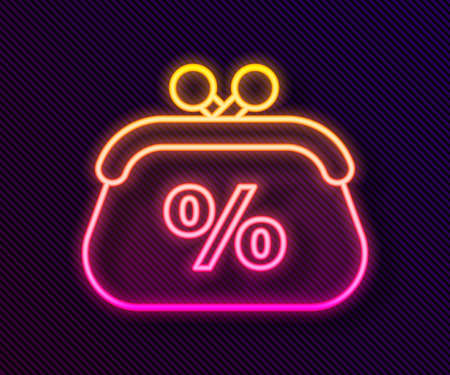 Glowing neon line Purse money percent icon isolated on black background. Percent loyalty wallet sign. Vector Illustration.のイラスト素材
