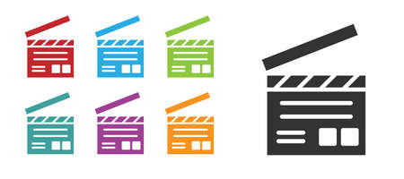 Black Movie clapper icon isolated on white background. Film clapper board. Clapperboard sign. Cinema production or media industry. Set icons colorful. Vector Illustrationのイラスト素材