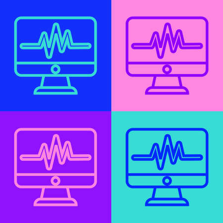 Pop art line Computer monitor with cardiogram icon isolated on color background. Monitoring icon. ECG monitor with heart beat hand drawn. Vector Illustration.のイラスト素材