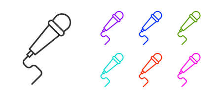Black line Microphone icon isolated on white background. On air radio mic microphone. Speaker sign. Set icons colorful. Vector Illustration.のイラスト素材