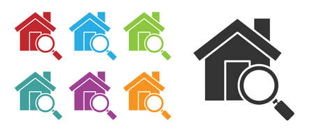Black Search house icon isolated on white background. Real estate symbol of a house under magnifying glass. Set icons colorful. Vector Illustration.のイラスト素材