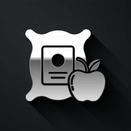 Silver Apple in the sack icon isolated on black background. Apples in a canvas bag. Farmers market. Long shadow style. Vector Illustrationのイラスト素材