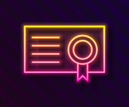 Glowing neon line Certificate template icon isolated on black background. Achievement, award, degree, grant, diploma concepts. Vector Illustration.のイラスト素材