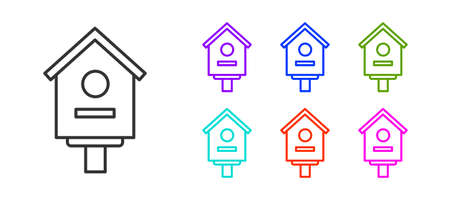 Black line Bird house icon isolated on white background. Nesting box birdhouse, homemade building for birds. Set icons colorful. Vector Illustration.のイラスト素材